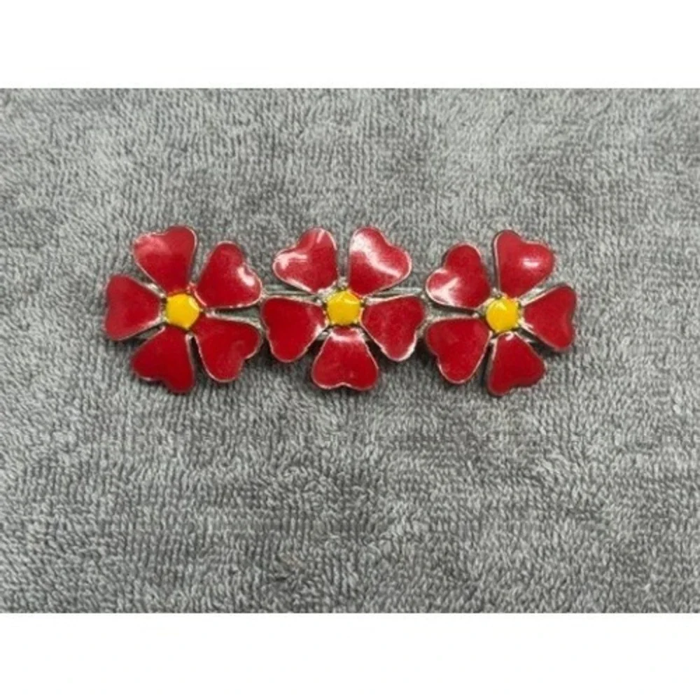 Unbranded Flower Hair Barrette Womens OS Red Excellent Enamel Triple Floral Clip
